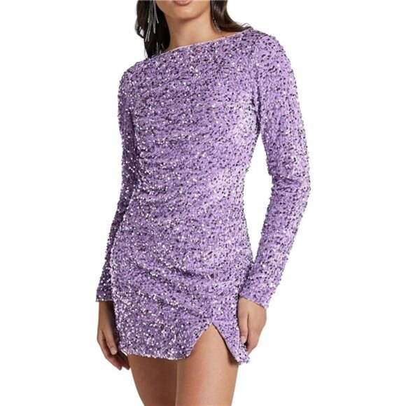 Women's Sequin Dress Velvet Warm Long Sleeve Light Purple - Picture 1 of 6